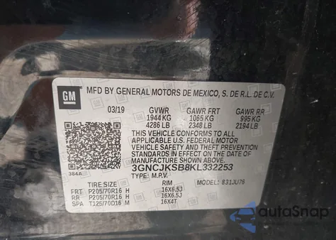 2019 Chevrolet Trax Ls z USA, uszkodzony, nr VIN 3GNCJKSB8KL332253